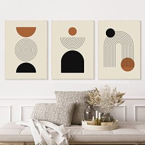 Bankrenart Mid Century Boho Wall Art Set of 3 Minimalist Abstract Geometric Line Art Unframed Black Brown Beige Modern Bohemian Decor for Living Room Bedroom Office (12x16 Inch)